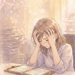 日本人の女の子がデスクで頭を抱えている様子