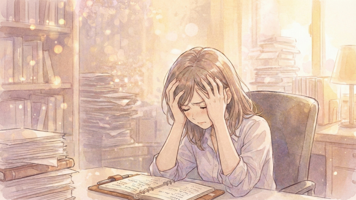 日本人の女の子がデスクで頭を抱えている様子